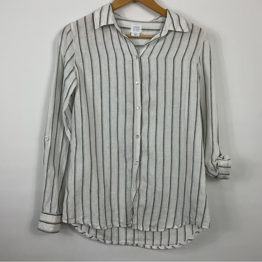 Sigrid‎ Olsen Linen Striped Button Down Shirt Size Small